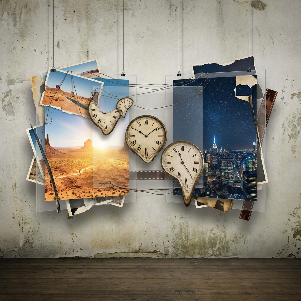 Surreal collage featuring melting clocks over photographs of a desert sunrise and a night cityscape.