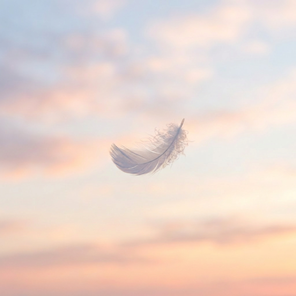A delicate white feather floating against a soft pink and orange sunset sky.