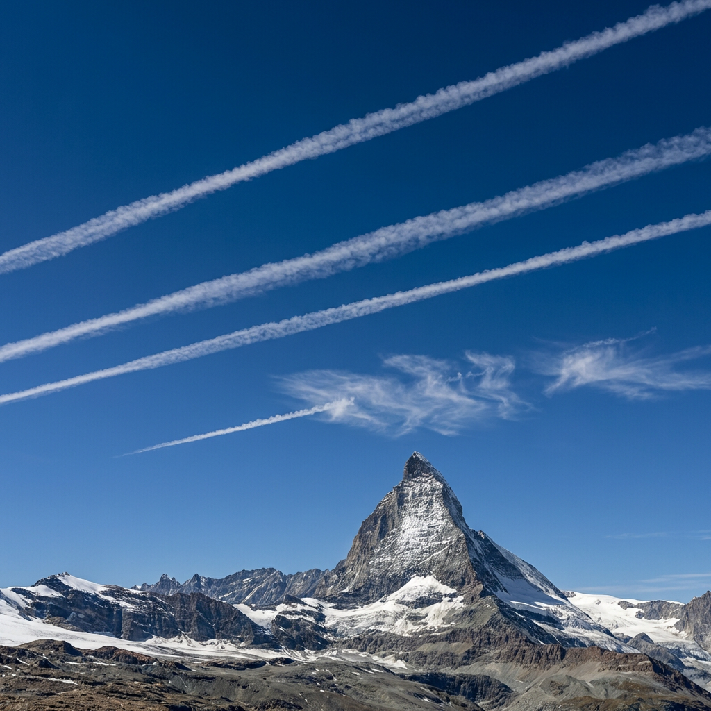 Snow-capped Matterhorn peak under a blue sky with diagonal white jet contrails.